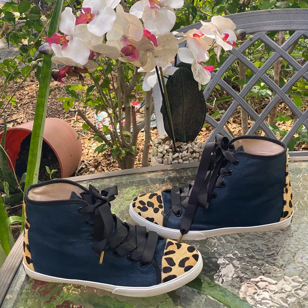 Kate Spade Black Linus Denim & Calf Hair Leopard Cheetah High Tops Sneakers